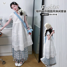 批发女童叠穿<b class='q'>连衣裙</b>套装2026夏新款中大童泡泡袖<b class='q'>连衣裙</b>格子半身裙夏装