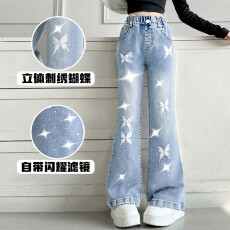 女童烫钻微喇裤夏季2026新款中大童立体蝴蝶牛仔裤夏装喇叭裤长裤