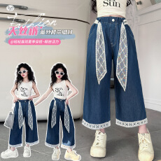 批发<b class='q'>女童</b>夏<b class='q'>季</b>天丝<b class='q'>牛仔裤</b>2026年新款脚口花边直筒裤中大儿童显瘦七分裤