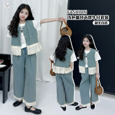 女童夏装牛仔套装2026年新款中大童韩系蕾丝拼接马甲阔腿裤三件套