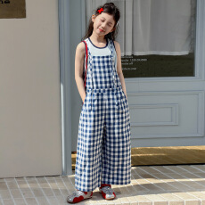 女童背带裤套装2026年夏季新款中大童休闲撞色背心格子裤夏装休闲