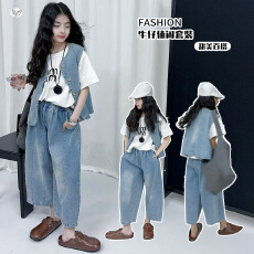 女童休闲牛仔套装2026年夏季新款字母T恤马甲老爹裤三件套中大童