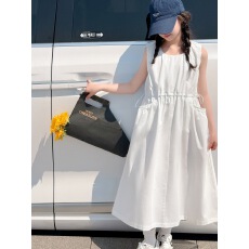 批发<b class='q'>女</b><b class='q'>童</b>无袖工装连衣裙2026年夏季新款中大童抽绳收腰背心裙纯色长裙