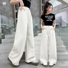 女童棉布直筒裤2026年夏季新款中大童白色窄版皮标阔腿裤拼接长裤