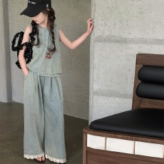 跨境女童无袖套装2026年夏季新款蕾丝花边阔腿裤背心两件套中大童