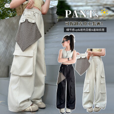 女童格子方巾工装裤2026年春夏新款中大童大口袋阔腿裤直筒裤洋气