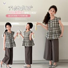 女童2026年夏季新款格子背心套装中大童韩版七分裤轻薄飞袖T恤潮