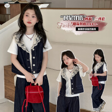 批发<b class='q'>女童</b>韩系<b class='q'>马甲</b>套装2026年夏季新款蕾丝花边背心阔腿裤三件套中大童