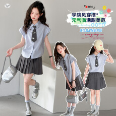 批发<b class='q'>女</b><b class='q'>童</b><b class='q'>学院风</b><b class='q'>套装</b>2026年夏季新款中<b class='q'>大</b><b class='q'>童</b>领带条纹<b class='q'>衬衫</b>双层半身裙韩系