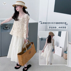 批发<b class='q'>女</b><b class='q'>童</b>沙滩裙海边度假风连衣裙2026夏新款中大童镂空马甲背心裙套装