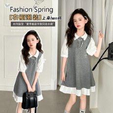 女童学院风连衣裙2026新款中大童撞色polo领T恤裙夏天A字裙中长裙