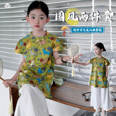 批发国风旗袍套装<b class='q'>女童</b>202<b class='q'>6</b>年夏季新款中大童盘扣上衣阔腿裤两件套跨境
