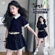 批发<b class='q'>女童</b>夏<b class='q'>装运</b>动风2026新款条纹拼接polo衫裙裤套装中大童假两件T恤