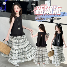 批发<b class='q'>女童</b>度<b class='q'>假</b>风沙滩裙2026夏新款中大童无袖花边T恤<b class='q'>半身裙</b>条纹<b class='q'>半身裙</b>