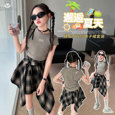 批发<b class='q'>女童</b><b class='q'>格</b>子裙<b class='q'>套装</b>2026夏季新款中大童修身<b class='q'>短袖</b>T恤不规则半身裙短裙