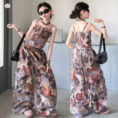 批发<b class='q'>女童</b>美式复古<b class='q'>套装</b>2026新款满印吊带背心阔腿裤两件套中大童直筒裤