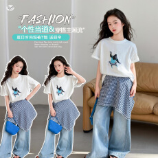 批发女童卡通印花T恤2026夏款中大童圆领短袖<b class='q'>上衣</b>格子屁帘阔腿裤长裤