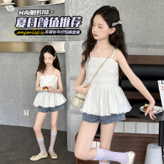 批发女童吊带花苞上衣<b class='q'>牛仔</b>短裤套装2026年新款中大度假风夏装T恤热裤