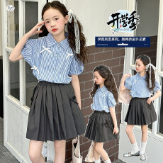 批发<b class='q'>女</b><b class='q'>童</b><b class='q'>学院风</b><b class='q'>套装</b>2026夏蝴蝶结条纹衬衫百褶裙中<b class='q'>大</b><b class='q'>童</b>polo领T恤短裙