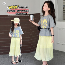 批发<b class='q'>女童</b>夏<b class='q'>装</b>2026新款宽松字母T恤压皱<b class='q'>半身裙</b>套装中大童圆领短袖A字裙