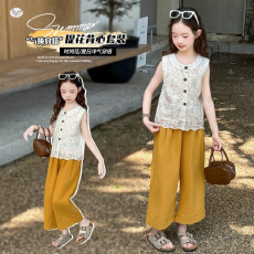 批发<b class='q'>女</b>童无<b class='q'>袖套装</b>2026新款蕾丝提花马甲阔腿裤<b class='q'>中</b>大童夏天薄款背心长裤