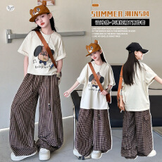 批发<b class='q'>女</b>童休闲<b class='q'>格子</b>裤套装2026夏新款中大儿童印花短袖T恤工装裤阔腿<b class='q'>裤</b>