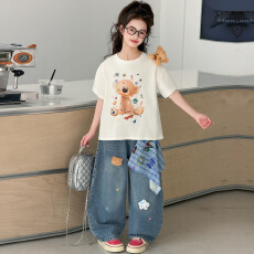 批发<b class='q'>女</b>童卡通<b class='q'>T</b>恤<b class='q'>牛仔裤</b>夏装2026新款中大童印花短袖上衣阔腿裤弯刀<b class='q'>裤</b>