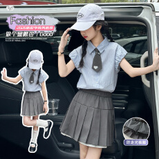 批发女童学院风<b class='q'>套装</b>2026年夏季新款小飞袖条纹衬衫百褶裙半身裙中大童