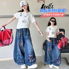 批发<b class='q'>女</b><b class='q'>童</b>数码印花牛仔裤套装2026<b class='q'>新款</b>中大儿童圆领短袖T恤阔腿裤长裤