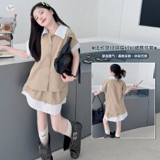 批发女童夏装2026新款中大童条纹拼接polo衫双层<b class='q'>半身裙</b>短裙套装韩系潮