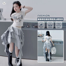 女童街舞演出服2026夏款修身T恤飘带短裙蛋糕裙中大童时髦半身裙