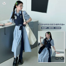 女童条纹连衣裙2026夏款中大儿童学院风衬衫裙长裙绑带马甲A字裙
