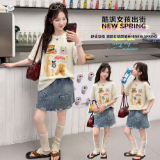 女童2026夏季韩版T恤套装中大童印花短袖牛仔短裙两件套外出潮装