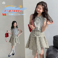 批发女<b class='q'>童</b><b class='q'>格子裙套装</b>2026夏季新款中<b class='q'>大</b><b class='q'>童</b>无袖拼接polo衫系带半身裙短裙