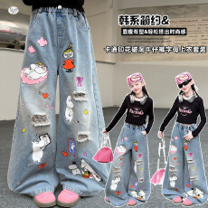 批发女<b class='q'>童</b><b class='q'>破洞</b>印花牛仔<b class='q'>裤</b><b class='q'>套装</b>2026春款中<b class='q'>大</b><b class='q'>童</b>美式长袖T恤阔腿裤街舞服
