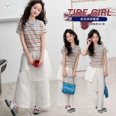 批发女<b class='q'>童</b><b class='q'>休闲</b><b class='q'>套装</b><b class='q'>2026</b>夏新款中<b class='q'>大</b><b class='q'>童</b>条纹T恤屁帘阔腿裤直筒裤撞色短袖