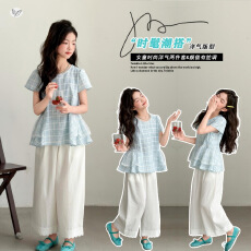 批发<b class='q'>女童</b>202<b class='q'>6</b>夏季新款田园风浅绿格子<b class='q'>娃娃衫</b>套装显瘦九分裤轻薄阔腿裤