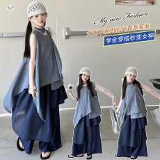 批发女童2026年夏季新品日系叠穿不规则<b class='q'>无袖</b>背心套装宽松轻薄阔腿裤潮