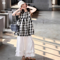 批发女童<b class='q'>无袖</b>格子<b class='q'>上衣</b>花边阔腿裤套装2026夏款中大童轻薄背心裙直筒裤