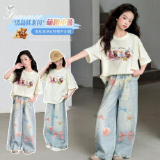 批发女童夏装可爱风2026新款中大童小熊印花大T蝴蝶结牛仔裤阔腿裤薄