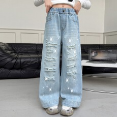 批发<b class='q'>女</b>童<b class='q'>202</b>6<b class='q'>年</b>春夏新款韩版破洞亮钻牛仔裤学生阔腿长裤外出直筒裤潮
