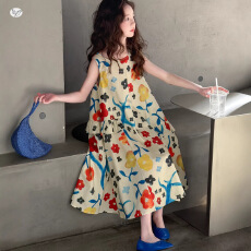 批发<b class='q'>女童</b>无袖<b class='q'>连衣裙</b>2026夏款中大童花朵背心裙度假风沙滩裙长裙碎花裙