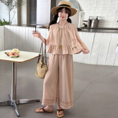 批发女童<b class='q'>棉麻</b>无袖花边套装2026夏新款中大童荷叶边T恤阔腿<b class='q'>裤</b><b class='q'>两件套</b>薄