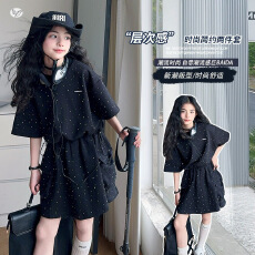 批发<b class='q'>女童</b>烫钻<b class='q'>套</b>装2026夏新款中大童半袖T恤工装<b class='q'>裙</b>短<b class='q'>裙</b>两件套时髦A字<b class='q'>裙</b>