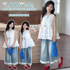 女童无袖花边套装2026夏季新款中大童荷叶边背心阔腿裤直筒裤韩系