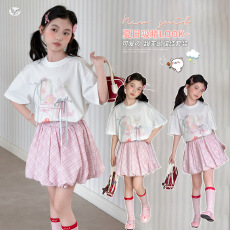 批发<b class='q'>女</b><b class='q'>童</b>卡通印花蝴蝶结T恤套装2026夏新款中大童甜美短袖格子花苞裙