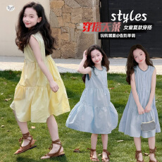 批发女童背心裙2026夏新款中大童无袖连衣裙纯色薄款公主裙海边<b class='q'>沙滩裙</b>