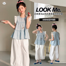 批发<b class='q'>女</b><b class='q'>童</b>蕾丝花边小飞袖<b class='q'>上衣</b>套装2026夏款中大童格子T恤阔腿裤九分裤