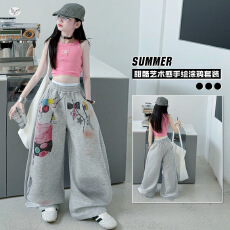 批发<b class='q'>女</b>童多巴胺<b class='q'>背心</b>涂鸦<b class='q'>卫</b>裤套装2026夏新款中大童短款吊带T恤阔腿<b class='q'>裤</b>
