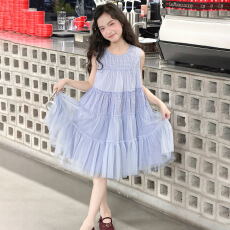 批发<b class='q'>女童</b>无袖<b class='q'>连衣裙</b>2026夏款网纱拼接格子裙中大童木耳边公主裙中长裙